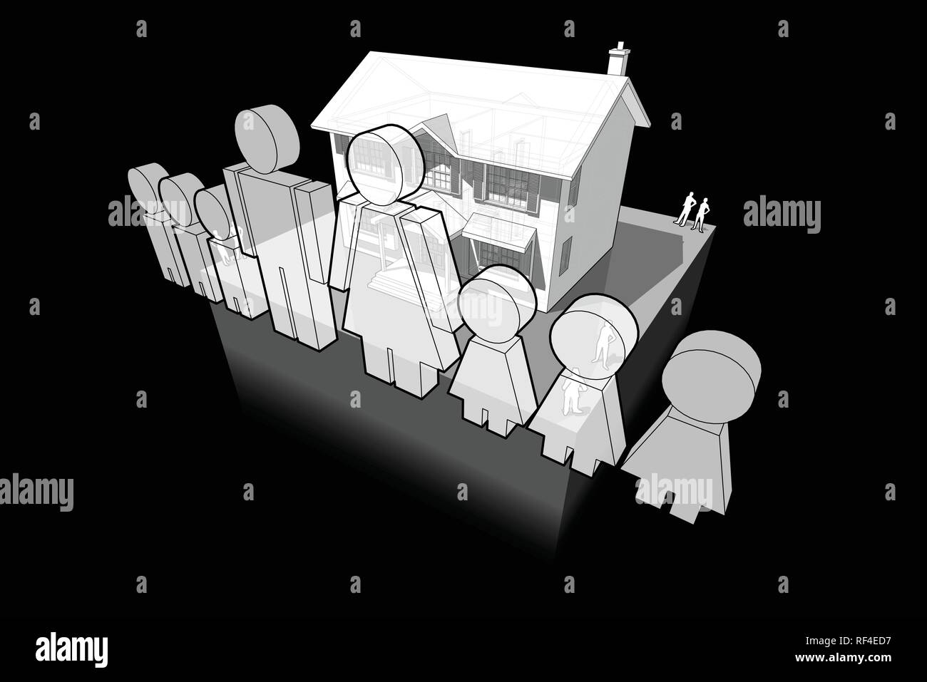 Diagramm eines klassischen Kolonialstil Haus und Familie Zeichen bestehend aus Mann und Frau und sechs Kinder Stock Vektor