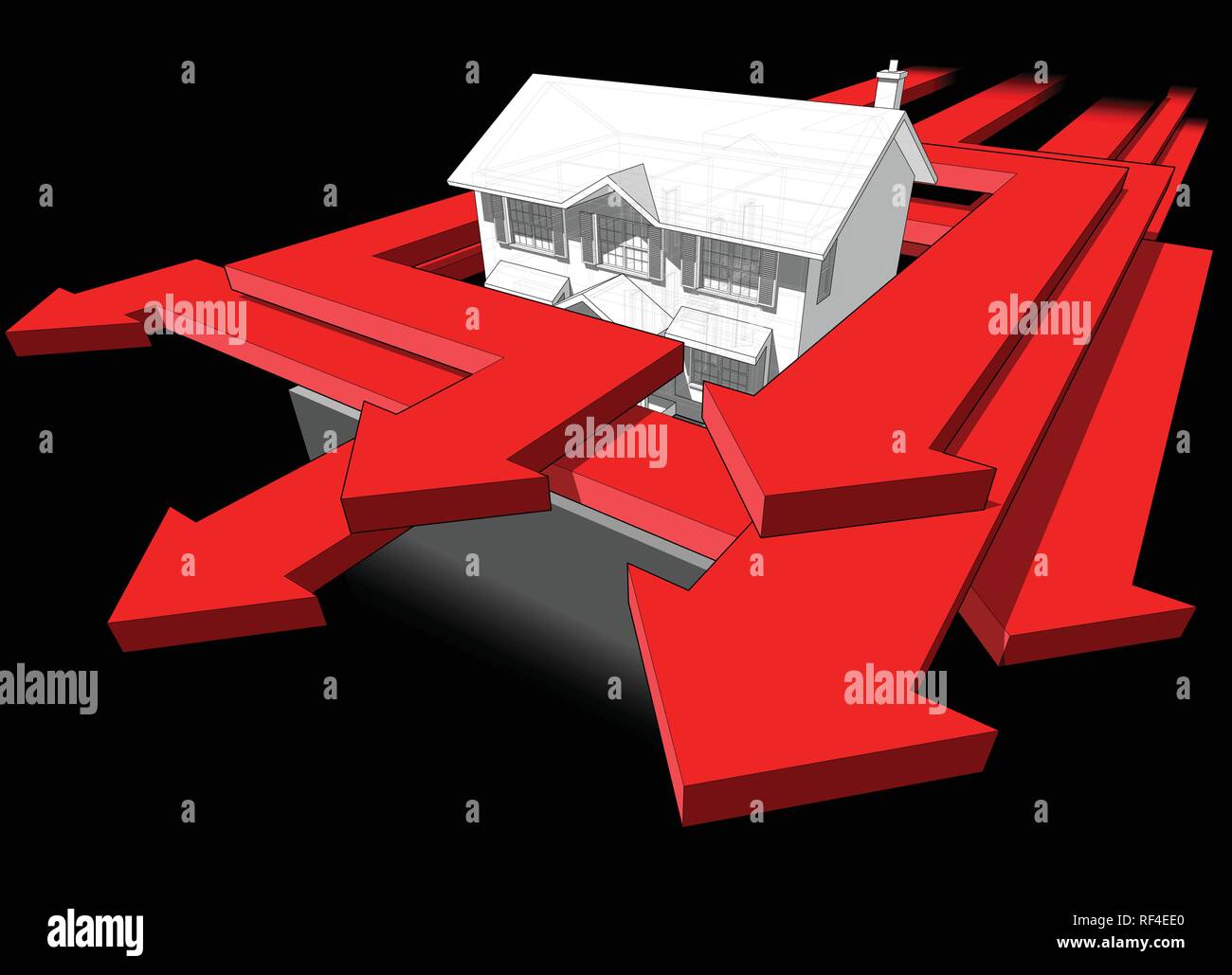 Diagramm eines klassischen Kolonialstil Haus und viele Pfeile Beschleunigung um das Haus in einen abstrakten Business Diagramm Stock Vektor