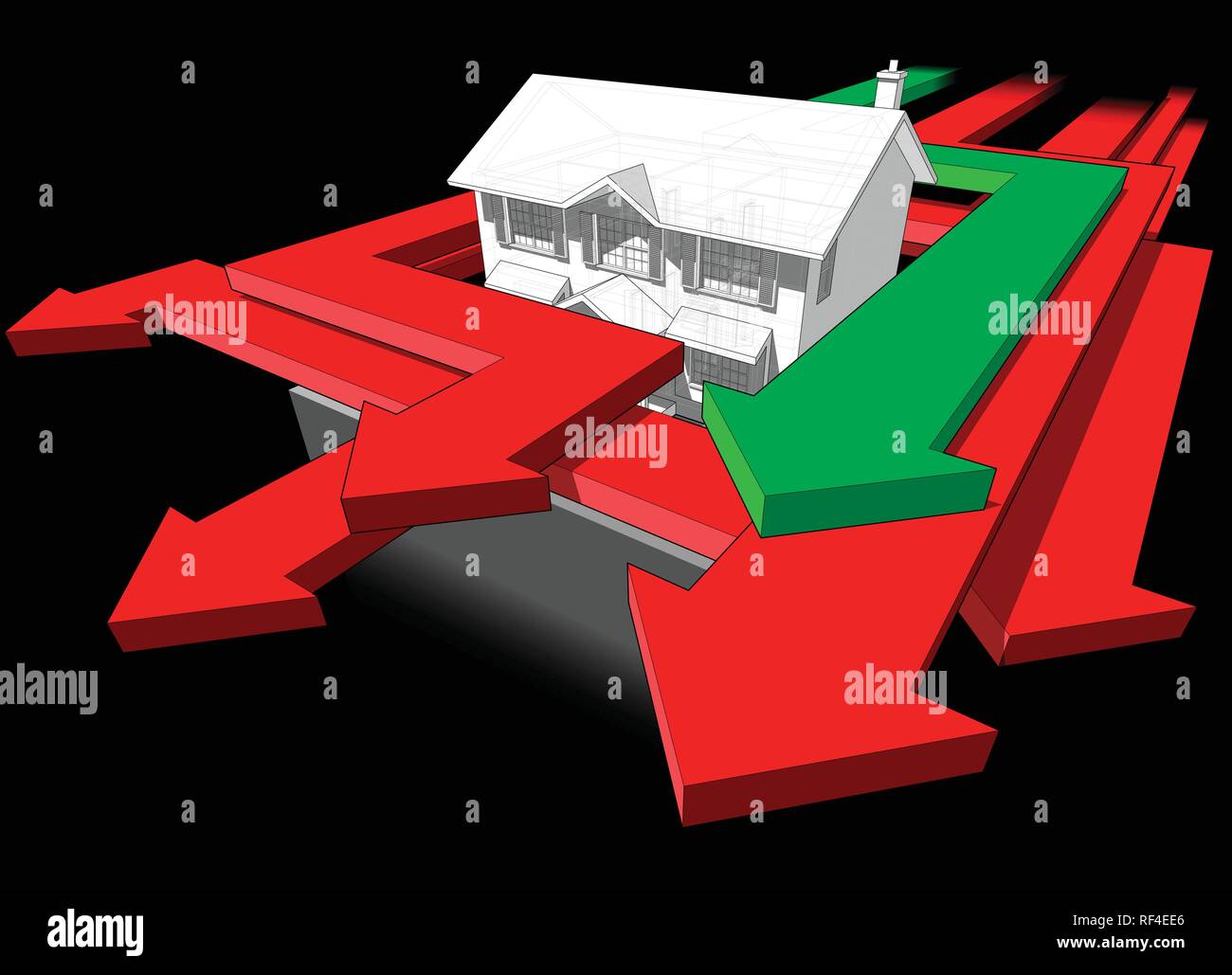 Diagramm eines klassischen Kolonialstil Haus und viele Pfeile Beschleunigung um das Haus in einen abstrakten Business Diagramm Stock Vektor