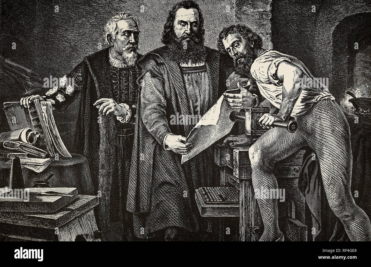 Die Erfindung des Buchdrucks - Gutenberg lesen das erste Blatt aus seinem drücken Sie Stockfoto