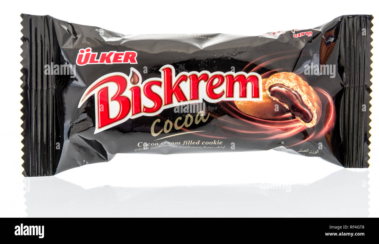 Winneconne, WI - 20 Januar 2019: ein Paket von ülker Biskrem Cookies aus der Türkei auf einem isolierten Hintergrund. Stockfoto