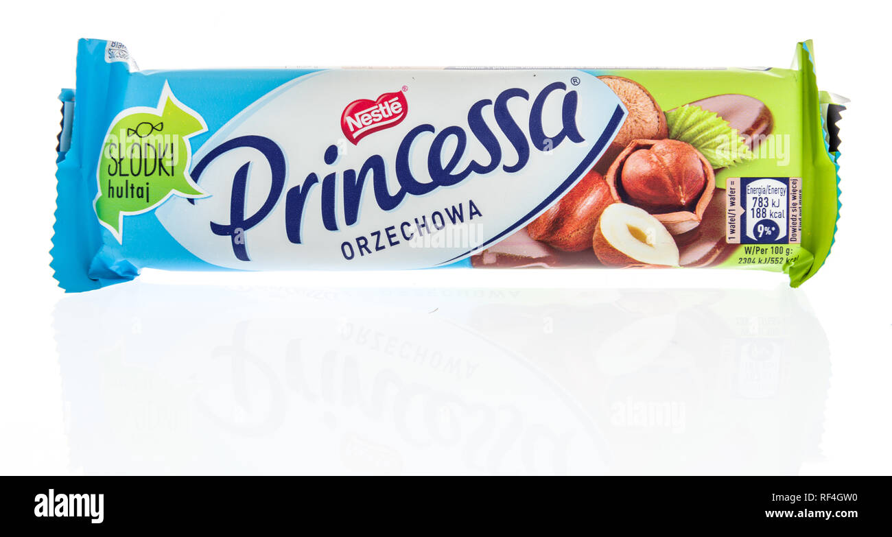 Winneconne, WI - 20 Januar 2019: ein Paket von Nestle Princessa wafer Bar aus Polen auf einem isolierten Hintergrund. Stockfoto