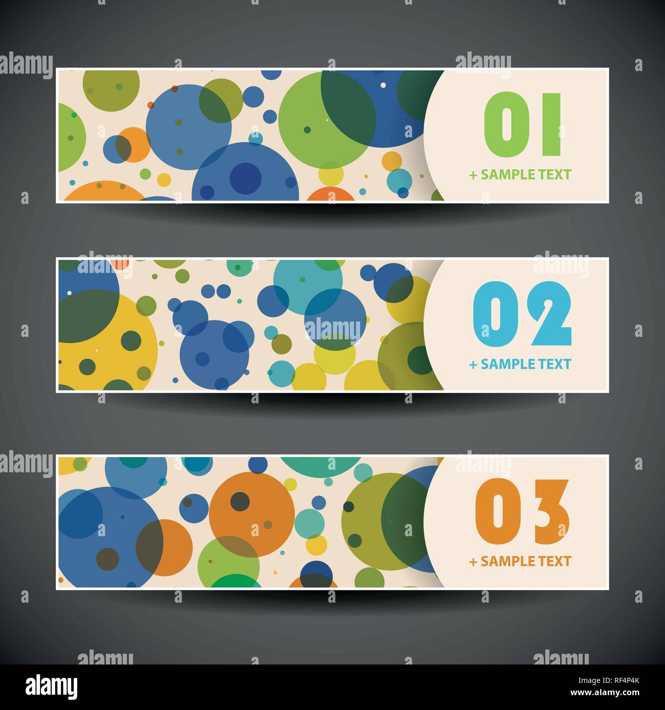 Bunte Vektor Einrichten von drei Header Designs mit Punkten und Kreisen - Abbildung in frei skalierbar und bearbeitbaren Vektorformat Stock Vektor