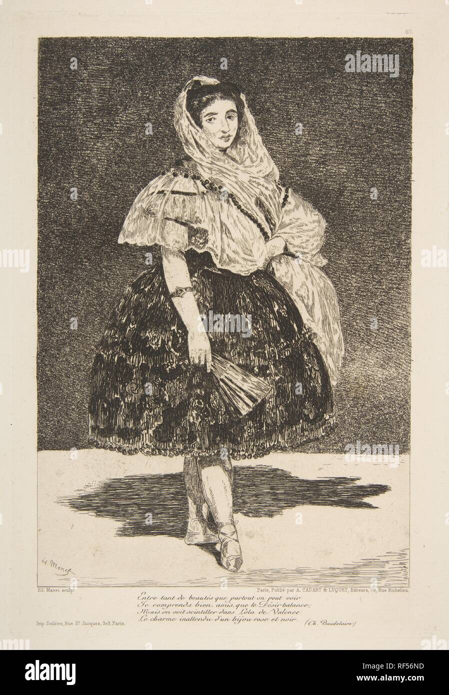 Lola de Valence. Artist: Édouard Manet (Französisch, Paris 1832-1883 Paris). Abmessungen: Platte: 10 3/8 x 7 1/8 in. (26,4 x 18,1 cm) Blatt: 15 9/16 x 11 5/8 in. (39,5 x 29,5 cm). Herausgeber: Cadart & Luquet. Datum: 1863. Museum: Metropolitan Museum of Art, New York, USA. Autor: Edouard Manet. BAUDELAIRE, Charles. Stockfoto