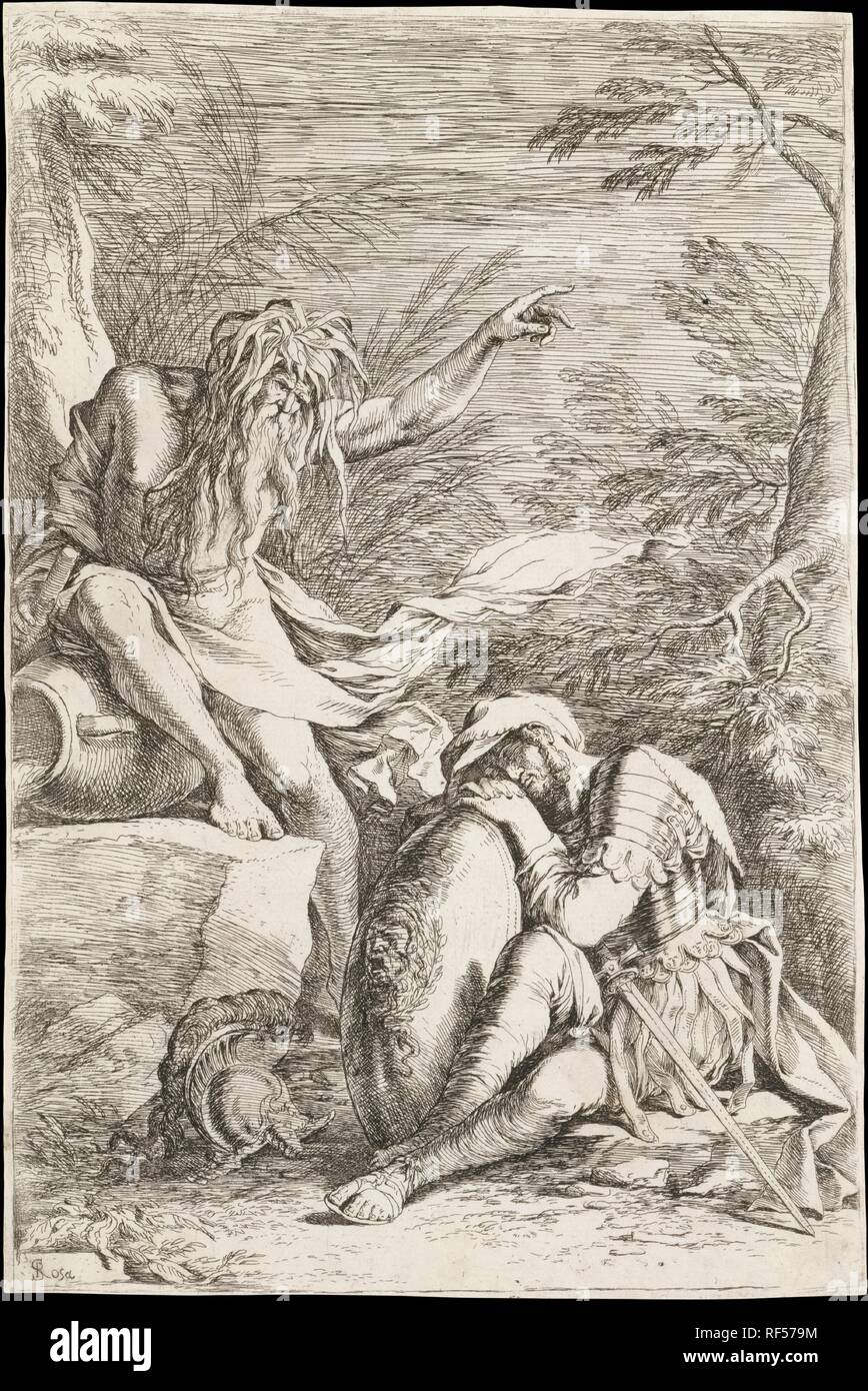 Traum von Aeneas: Aeneas stützt seinen Kopf auf seine Hände auf seinem Schild, während der Fluss Tiber Gott auf einem Schiff und zeigt nach oben mit der linken Hand lehnt. Artist: Salvator Rosa (Italienisch, Arenella (Neapel) 1615-1673 Rom). Maße: Blatt: 13 13/16 x 9 3/16 in. (35,1 x 23,3 cm) Platte: 13 11/16 x 9 in. (34,7 x 22,9 cm). Datum: Ca. 1663-1664. Lackierte Version des Metropolitan Museum von Salvator Rosa's 'Dream des Aeneas' (65.118) kann diese Radierung vorausgegangen sind, aber in der Drucken Rosa fast die meisten Details verändert klar wollte eine sehr unterschiedliche Wirkung zu erzielen. Zeichnete der Künstler seine Inspiration Stockfoto