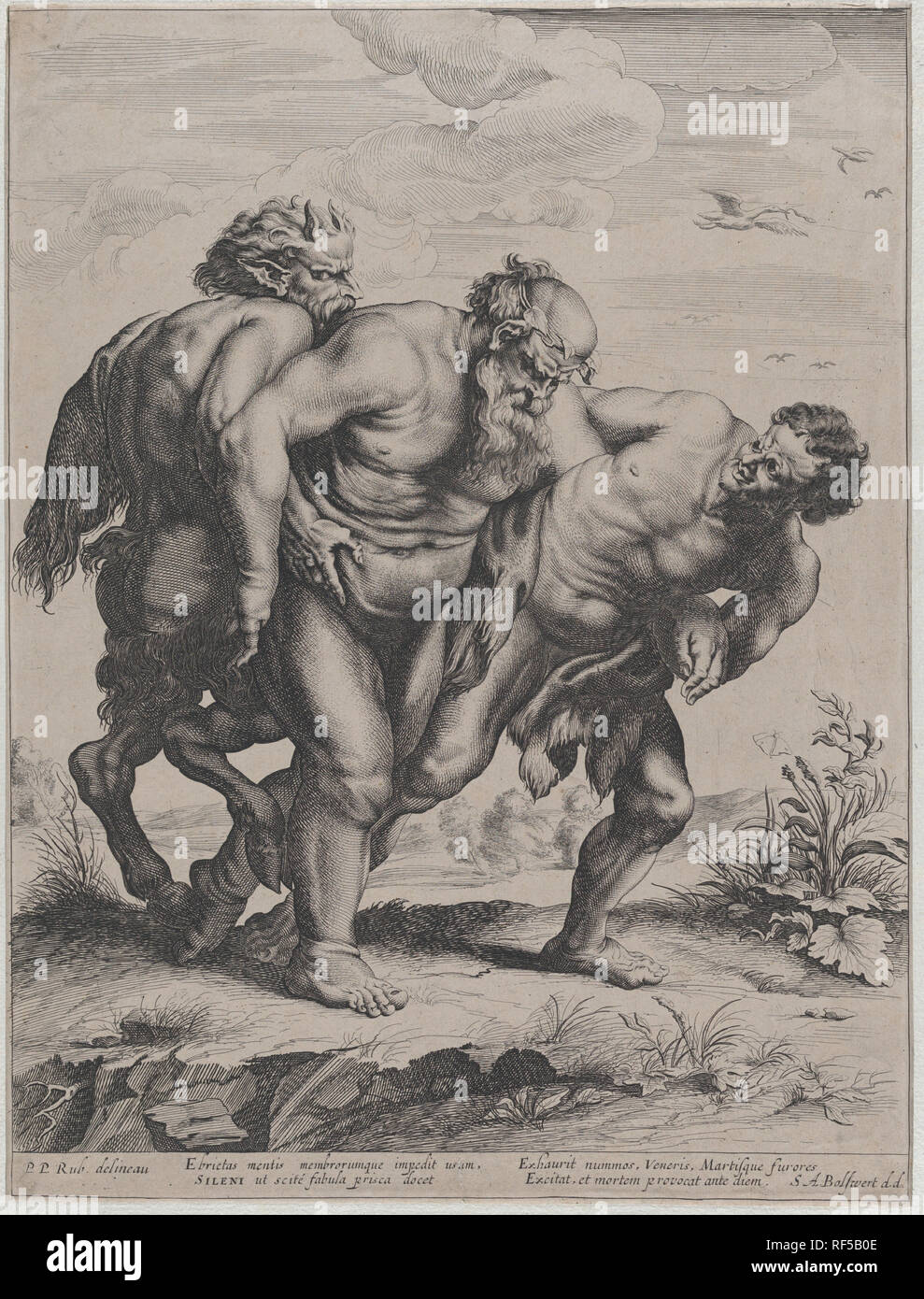 Den trunkenen Silen, unterstützt durch ein Satyr und ein Faun. Artist: Nach Peter Paul Rubens (Flämische, Siegen 1577-1640 Antwerpen); Schelte Adams à Bolswert (Niederländisch, Bolsward 1581-1659 Antwerpen). Abmessungen: Blatt (getrimmte): 17 1/8 in. × 13 in. (43,5 × 33 cm). Datum: 1625-59. Museum: Metropolitan Museum of Art, New York, USA. Thema: Nach Peter Paul Rubens. Schelte Adams à Bolswert. Schelte Adams Bolswert nach Sir Peter Paul Rubens. Christoffel Jegher. Stockfoto