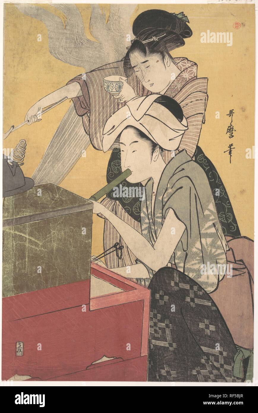 In der Küche. Artist: Kitagawa Utamaro (Japanisch, Ca. 1754-1806). Kultur: Japan. Abmessungen: Bild: 15 x 10 in. (38,1 × 25,4 cm). Datum: Ca. 1794-95. Museum: Metropolitan Museum of Art, New York, USA. Stockfoto