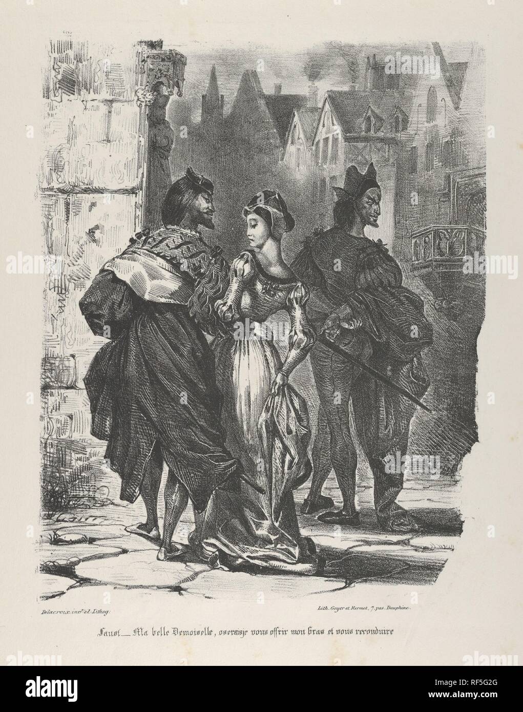 Faust versucht zu verführen, Marguerite (Goethe, Faust). Künstler: Eugène Delacroix (Französisch, Charenton-Saint-Maurice 1798-1863 Paris). Maße: Blatt: 19 1/8 x 12 1/2 in. (48,5 x 31,8 cm) Bild: 11 1/4 x 8 1/8 in. (28,5 x 20,7 cm). Serie/Portfolio: Faust. Datum: 1825-27. Faust, Margaret Begegnung auf der Straße, Ihre Adressen: Bin ein belle Demoiselle, oserais je vous offrir mon Bras et vous reconduire chez vous?' ['My reizende junge Dame, darf ich vielleicht wagen Sie meinen Arm und ihrem Escort Home geben?'] Faust Fortschritte sind erfolglosen. Die junge Frau befreit Ihren Arm und fährt. Museum: metropo Stockfoto