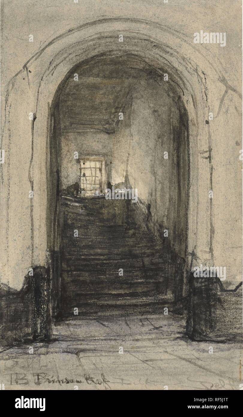 Die Treppe im Prinsenhof in Delft, wo Prinz Wilhelm I. im Jahre 1584 ermordet wurde. Verfasser der Stellungnahme: Johannes Bosboom (auf Objekt erwähnt). Datierung: 1827 - 1891. Ort: Niederlande. Maße: H 280 mm x B 170 mm. Museum: Rijksmuseum, Amsterdam. Stockfoto