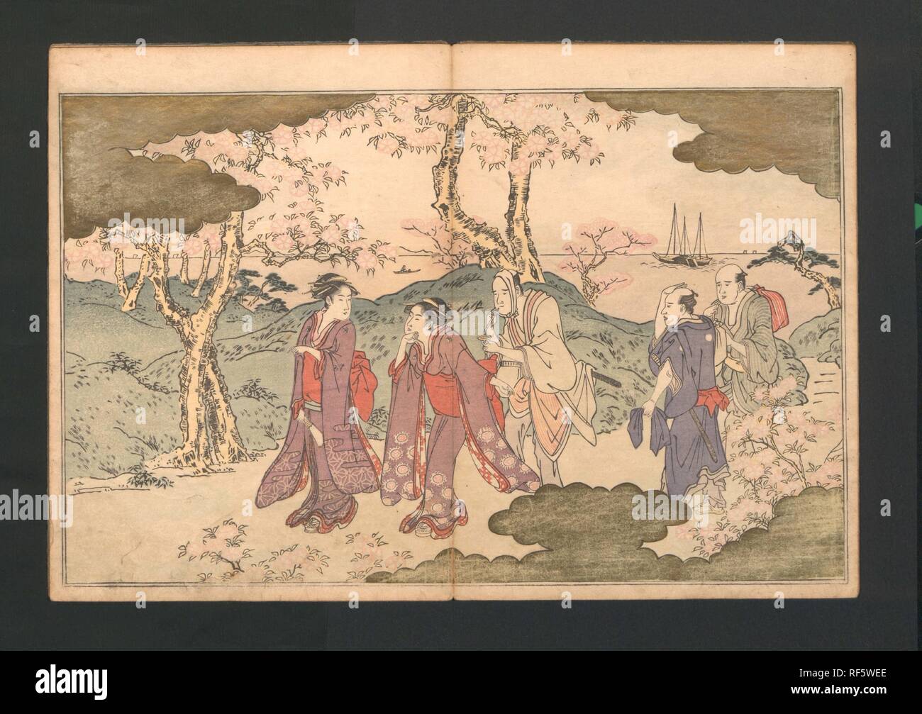 Statue des Bodhisattva Fugen (Fugenzo). Artist: Kitagawa Utamaro (Japanisch, Ca. 1754-1806). Kultur: Japan. Abmessungen: Insgesamt: 10 1/16 x 7 5/16 in. (25,6 × 18,5 cm). Datum: 1790, dritten Monat. Dieses Buch ist die Blumen Band von Utamaro Serie zum Thema Schnee, Mond, und Blumen. Alle vierundneunzig Disclaimer 1 Gedichte im Buch haben mit Kirschblüten zu tun. Diese Abbildung zeigt Gotenyama, ein berühmter Ort für Kirschblüte südlich der Hauptstadt, Edo. Museum: Metropolitan Museum of Art, New York, USA. Stockfoto