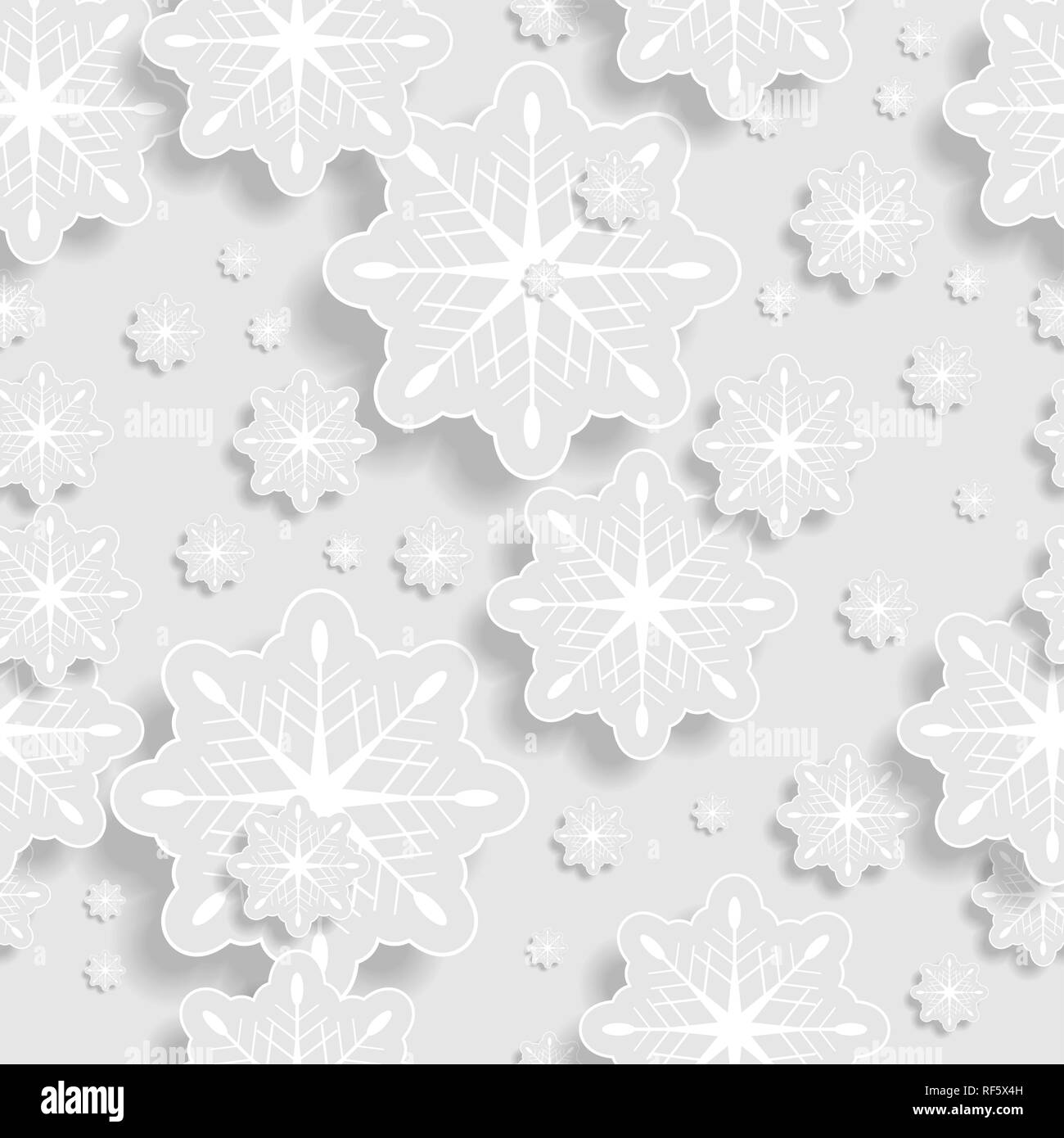 Grau und Weiß abstract Papier Schneeflocken mit Schatten Hintergrund. Vektor nahtlose Grußkarte Stock Vektor