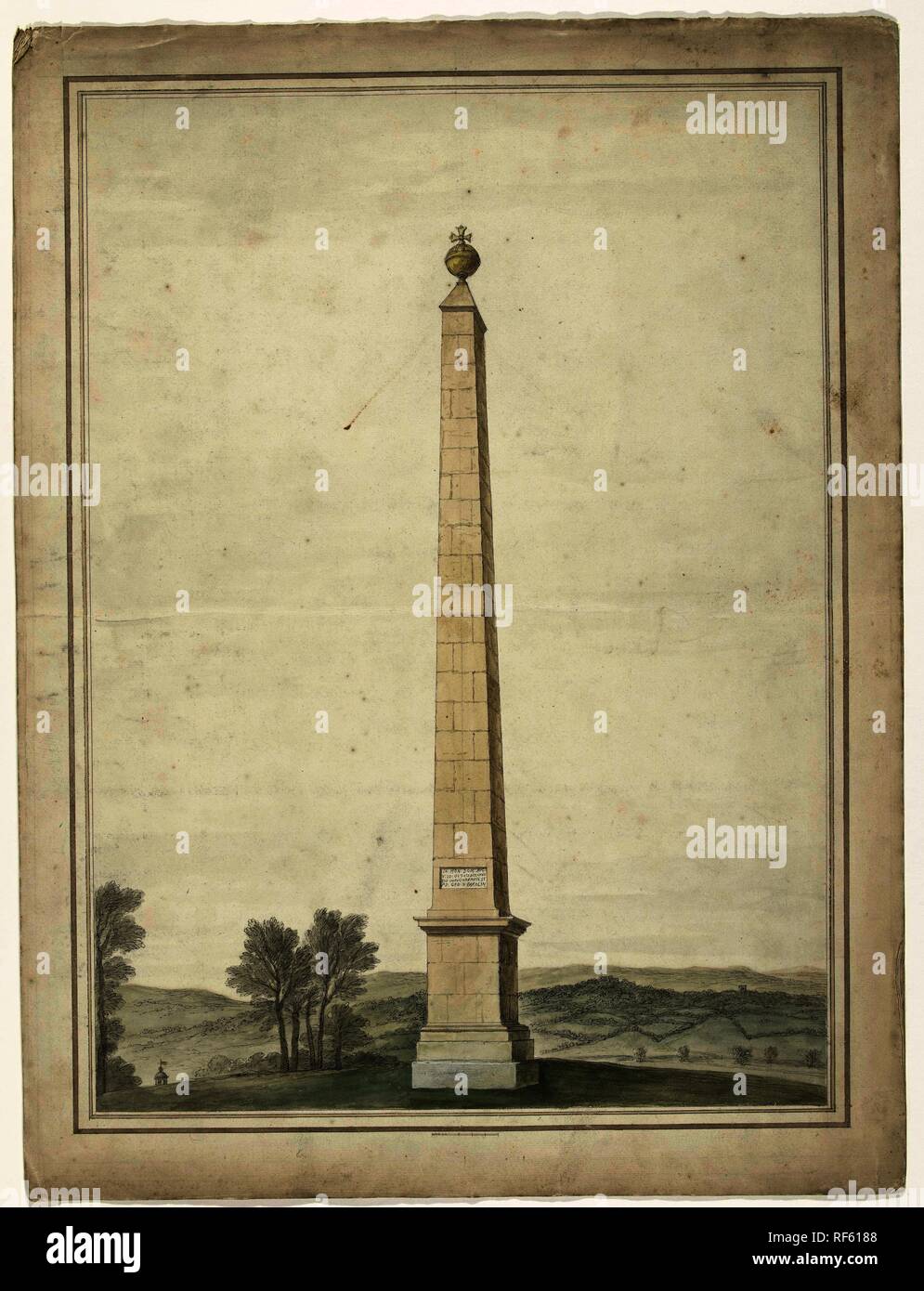Landschaft mit Obelisk zu Ehren des Königtums von George Augustus II., König von England, im Oktober 1727. Verfasser: Anonym. Dating: 1727. Maße: H 648 mm x B 485 mm. Museum: Rijksmuseum, Amsterdam. Stockfoto