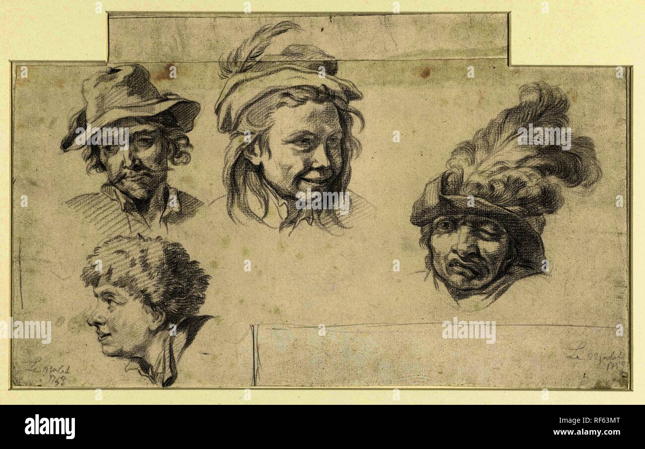Studie Blatt mit vier Köpfen. Verfasser: Anonym. Dating: 1759. Maße: H 195 mm x B 320 mm. Museum: Rijksmuseum, Amsterdam. Stockfoto