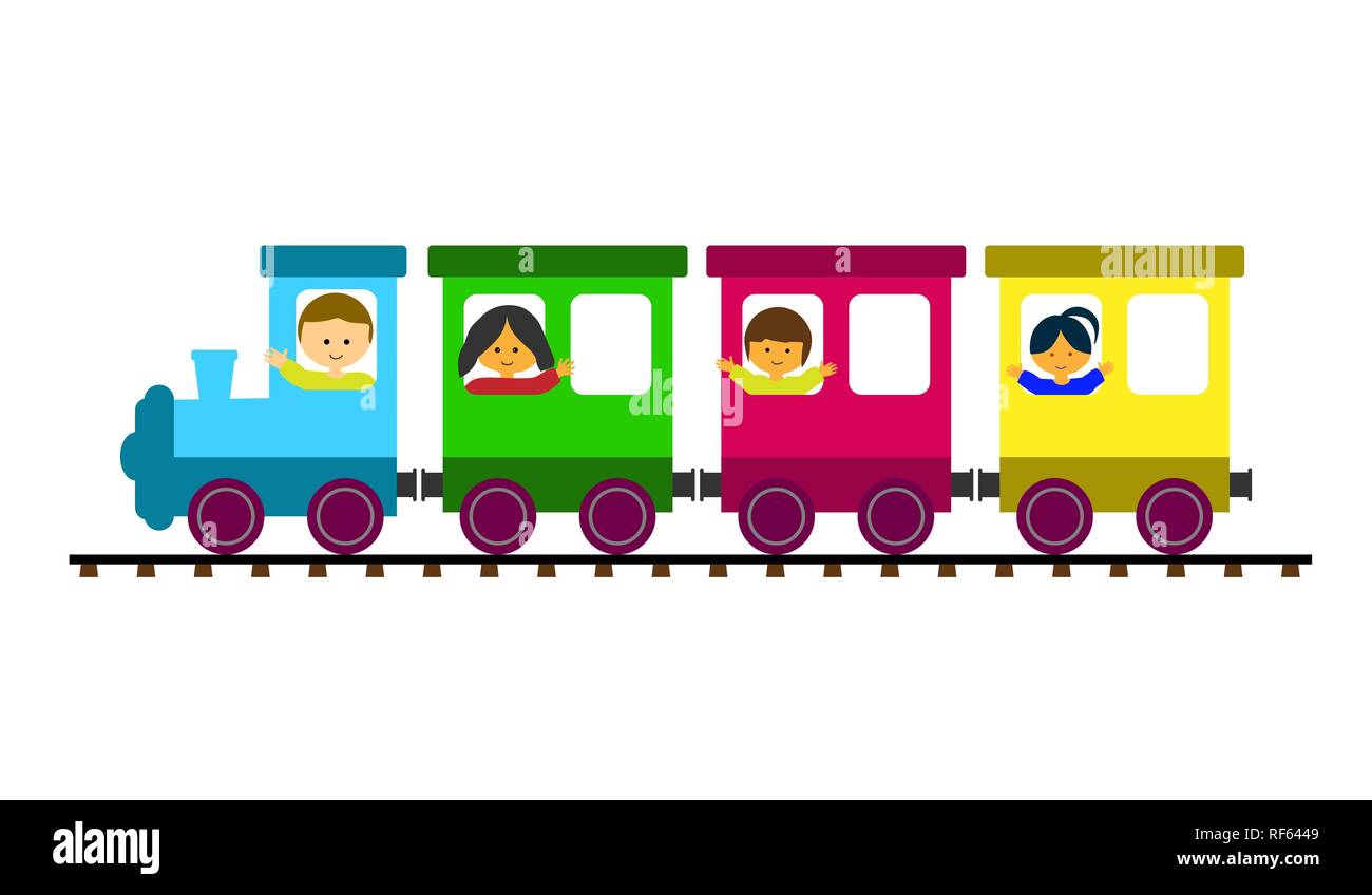 Einfache farbige Kinder Zug mit Autos und Lokomotive trägt Kinder Stock Vektor