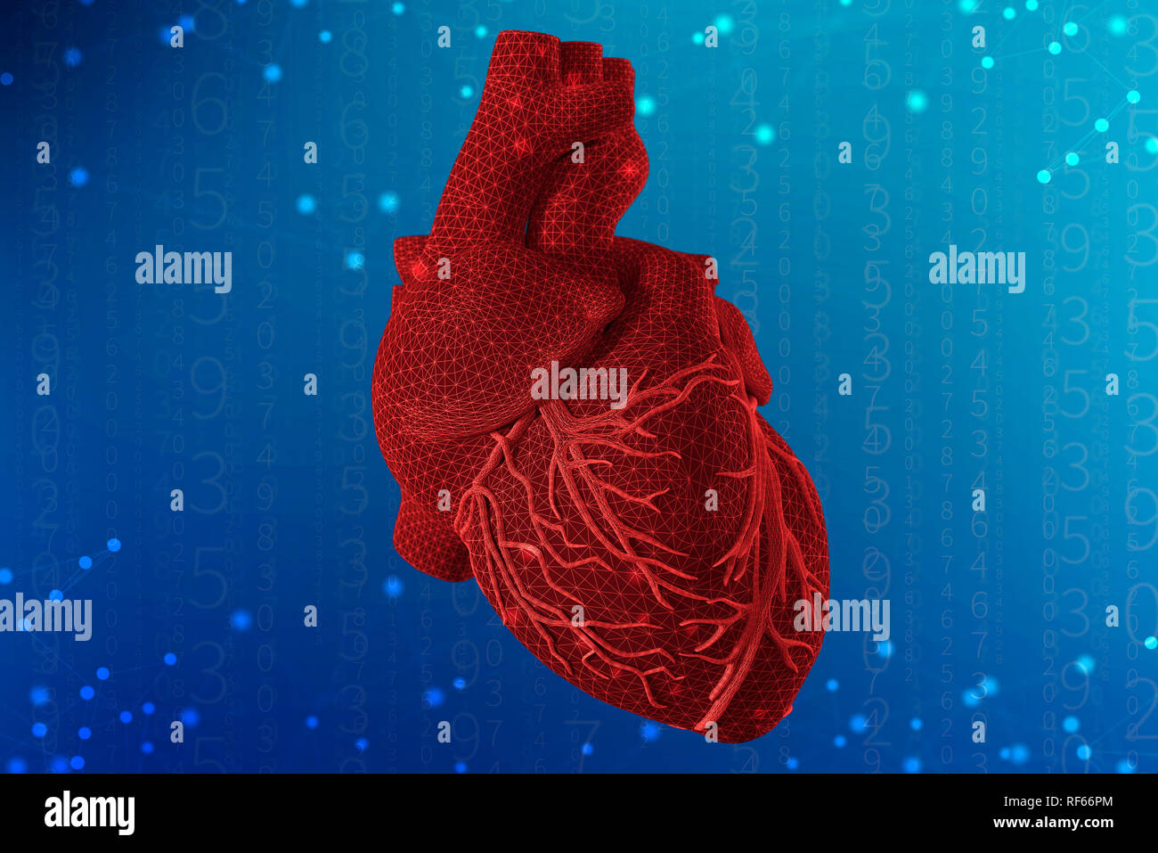 3D-Illustration des menschlichen Herzens mit mesh Textur Modellierung auf abstrakte futuristischen blauen Hintergrund. Konzept der digitalen Technologien in der Medizin Stockfoto