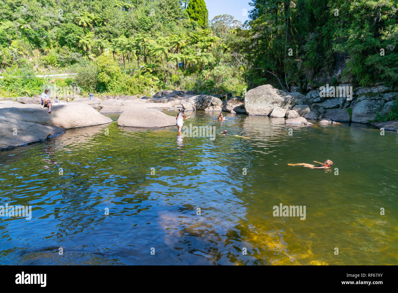 TAURANGA NEUSEELAND - 23. Januar 2019; malerische Wasserfälle bei mit Menschen genießen das kühle Wasser Erfahrungen an heißen Sommertag bei McLaren Falls Park Stockfoto