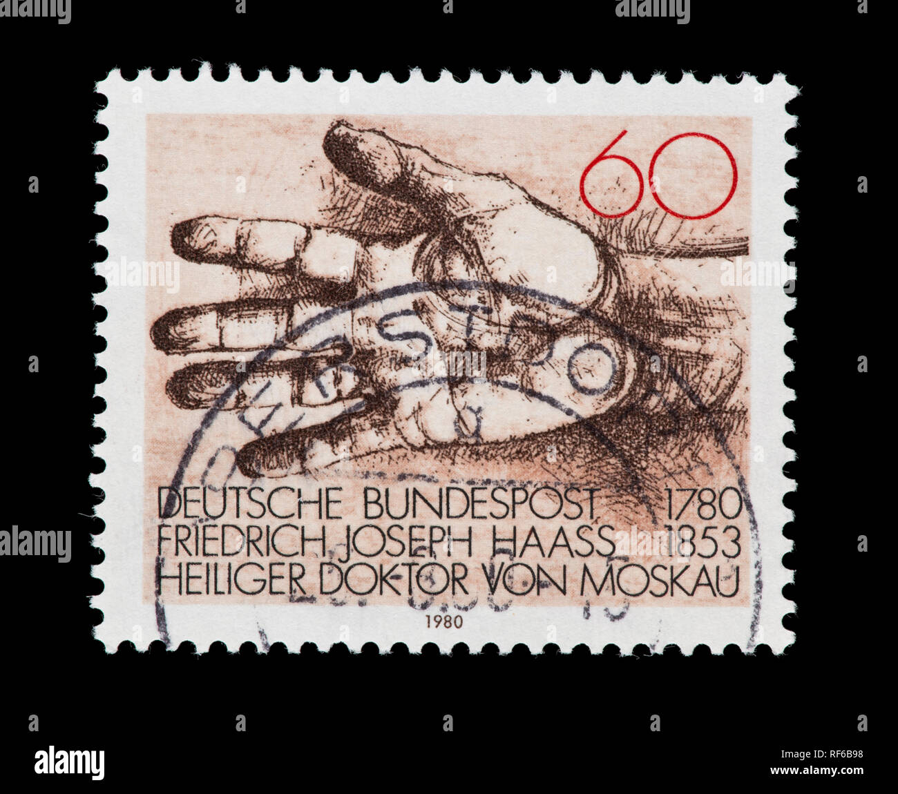 Briefmarke aus Deutschland, eine helfende Hand, 200. Jahrestages der Geburt des Dr. Friedrich Joseph Haass, Arzt und Philanthrop Stockfoto