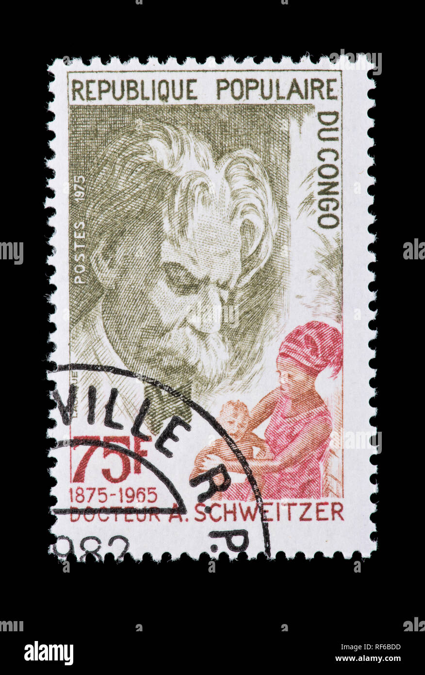Briefmarke aus der Volksrepublik Kongo, Albert Schweitzer, medizinische Missionar, 10. Jahrestag des Todes. Stockfoto