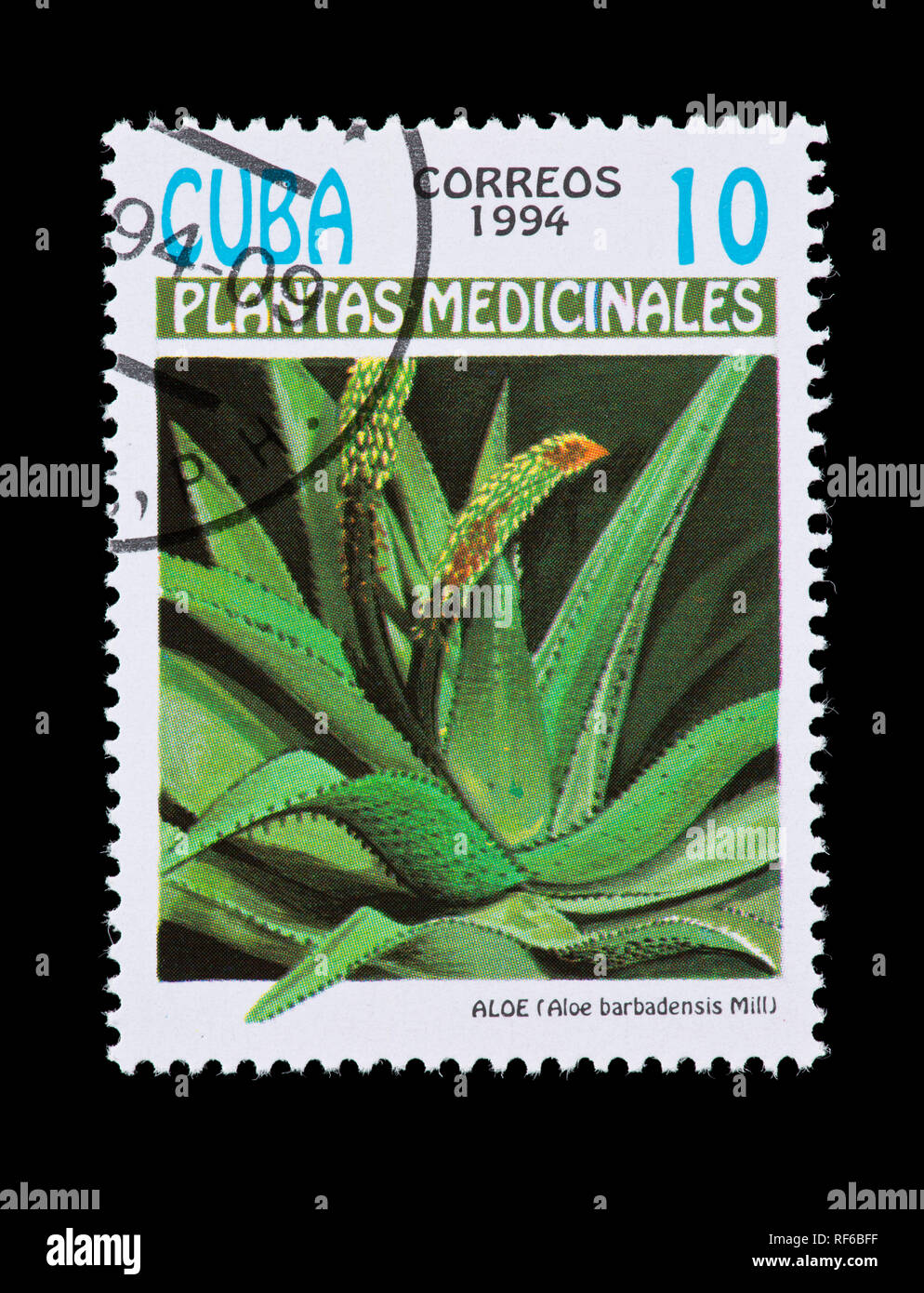 Briefmarke aus Kuba mit der Darstellung der Arzneimittel Blume Aloe (Aloe Barbadensis) Stockfoto