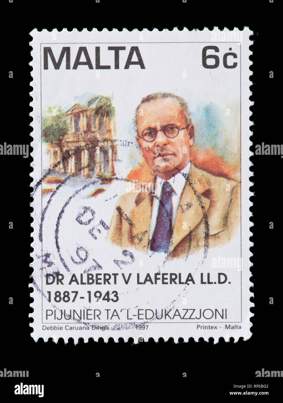 Briefmarke her mMalta, Dr. Albert V. Laferia, Bildung Pionier. Stockfoto