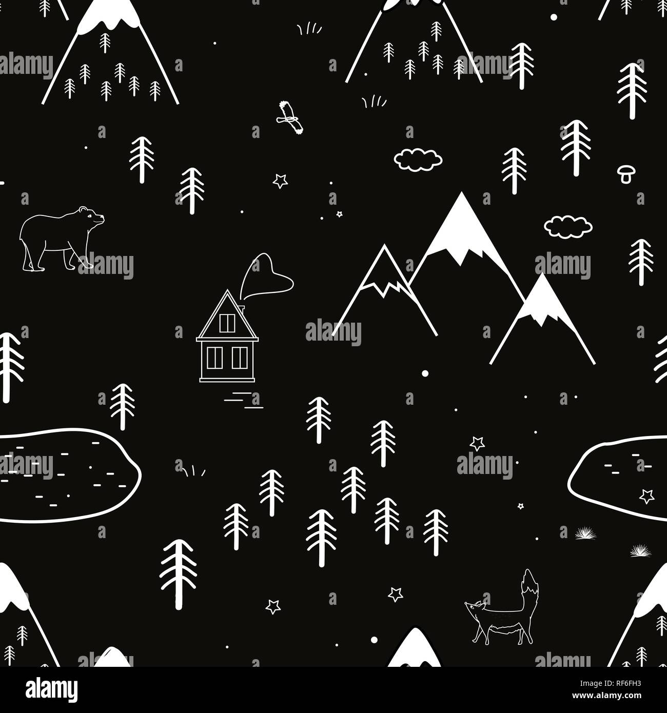 Hand skandinavische Tiere im Wald gezeichnet, nahtlose Muster. Im skandinavischen Stil mit traditionellen Motiven. Vector Illustration Stock Vektor