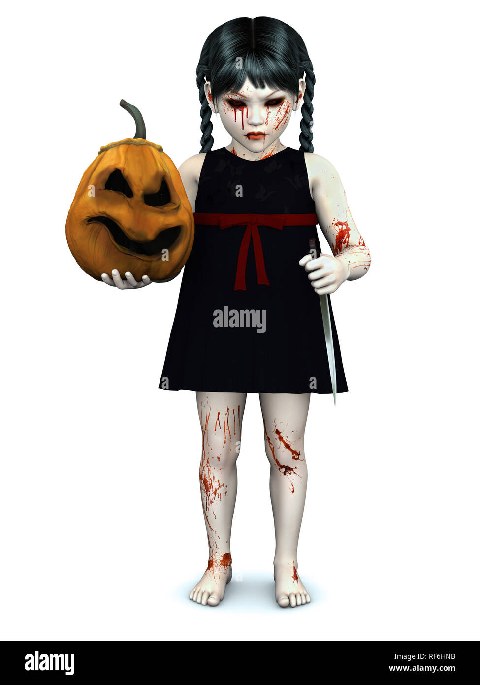 Ein böser Gothic suchen, Blut bedeckt kleine Mädchen, dass eine Kürbis in der einen Hand und ein Messer in der anderen. Weißer Hintergrund. Stockfoto