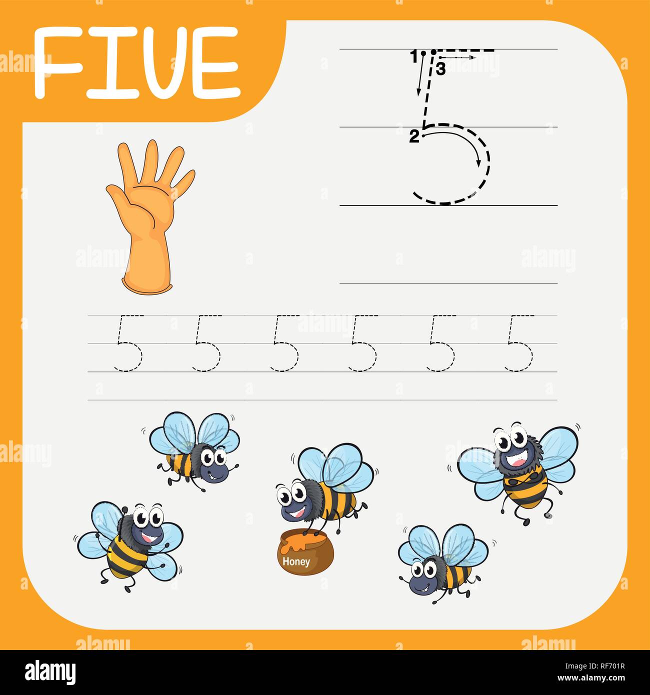 Nummer fünf Tracing alphabet Arbeitsblätter Abbildung Stock Vektor