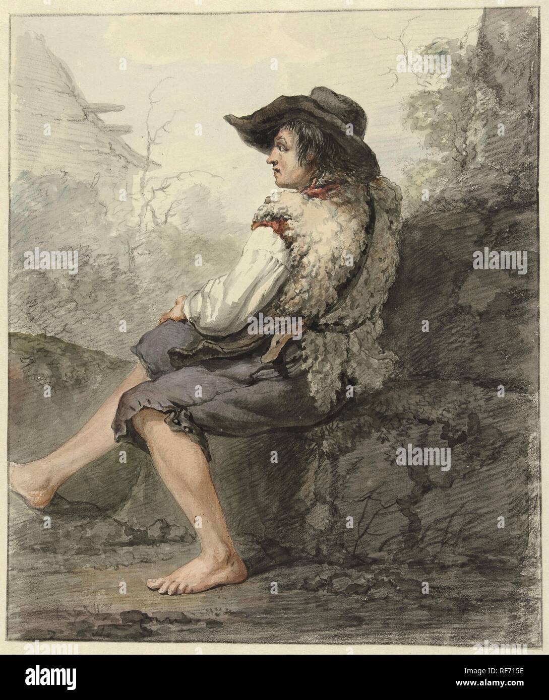 Sitzen Junge mit Hut und Schaf, auf der linken Seite. Verfasser der Stellungnahme: Jacob van Strij. Datierung: 1766 - 1815. Maße: H 301 mm x B 252 mm. Museum: Rijksmuseum, Amsterdam. Stockfoto