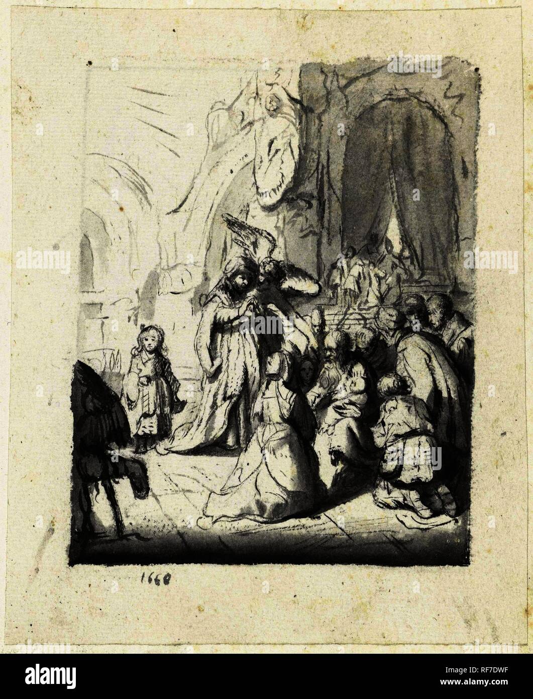 Darstellung im Tempel. Artist: Rembrandt van Rijn. Verfasser der Stellungnahme: Mose Ter Borch (auf Objekt erwähnt). Dating: 1660. Ort: Zwolle. Maße: H 102 mm x W 80mm. Museum: Rijksmuseum, Amsterdam. Stockfoto