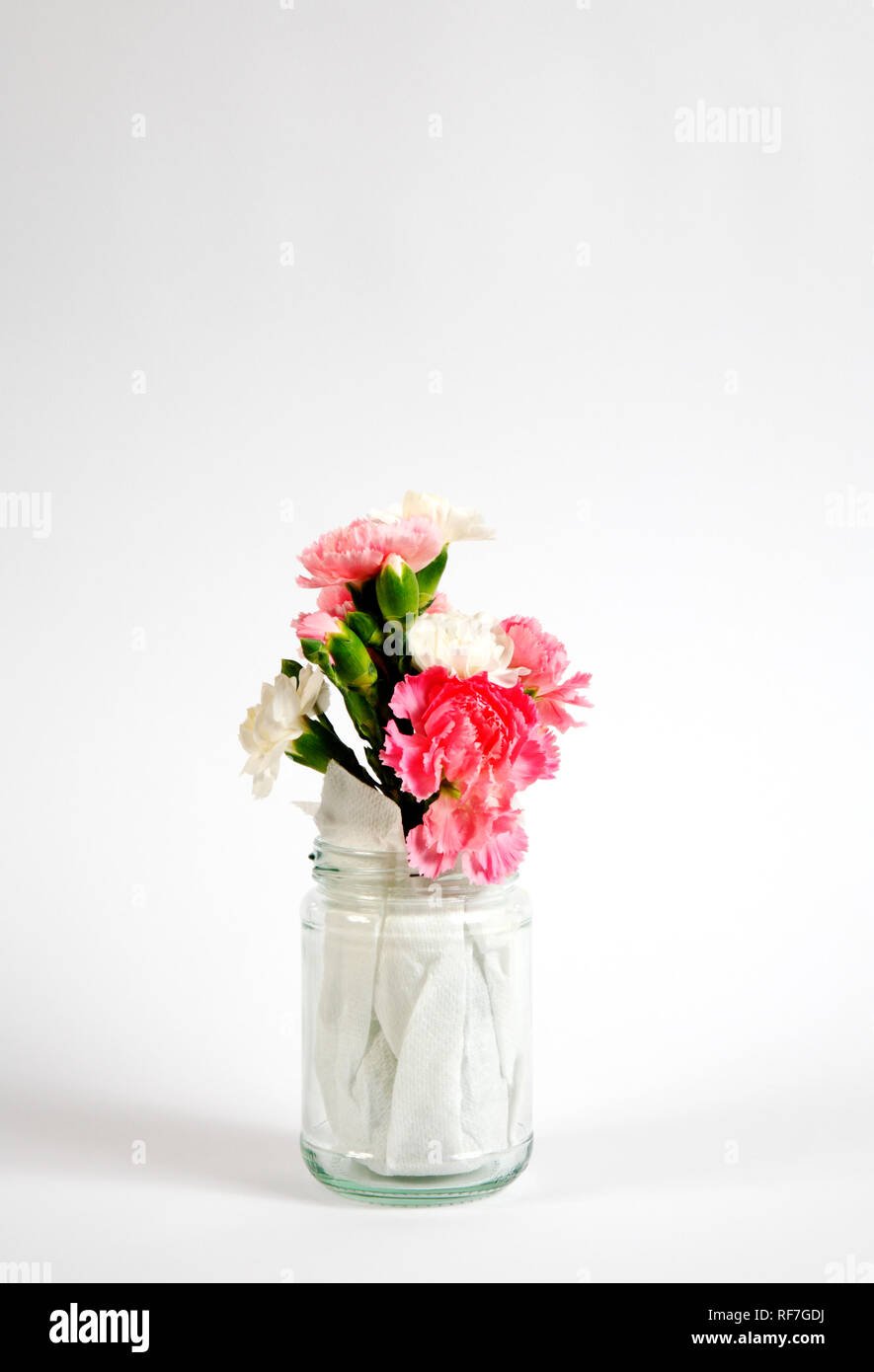 Eine kleine Gruppe von roten, weißen und rosa Nelke Blume Reste in ein Marmeladenglas mit Küchentuch gesäumt. Stockfoto