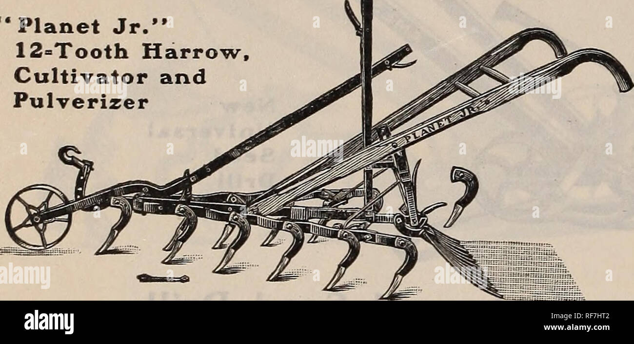 . Samen und implementiert. Baumschulen Rhode Island Providence Kataloge; Gemüse; Blumen Samen Samen Kataloge Kataloge; landwirtschaftliche Arbeitsgeräte Kataloge. "Planet Jr. "Zwölf = Zahn Eggen, Grubber und Pulverisierer Preis, Normalpapier, $ 5,50; mit Rad, $ 6,50; vollständige, $ 8 Diese gründliche Arbeit und komfortables Werkzeug rasch zugunsten unter Erdbeeren angebaut - Landwirte, Gärtner, Trucker und Landwirte. Dieses ist, weil die 12 Meißelform Zähne wie sorgfältige Arbeit tun, ohne Erde auf kleine Pflanzen, und da das Tool ist so praktisch, robust und stark. Es ist von unschätzbarem Wert in Stockfoto