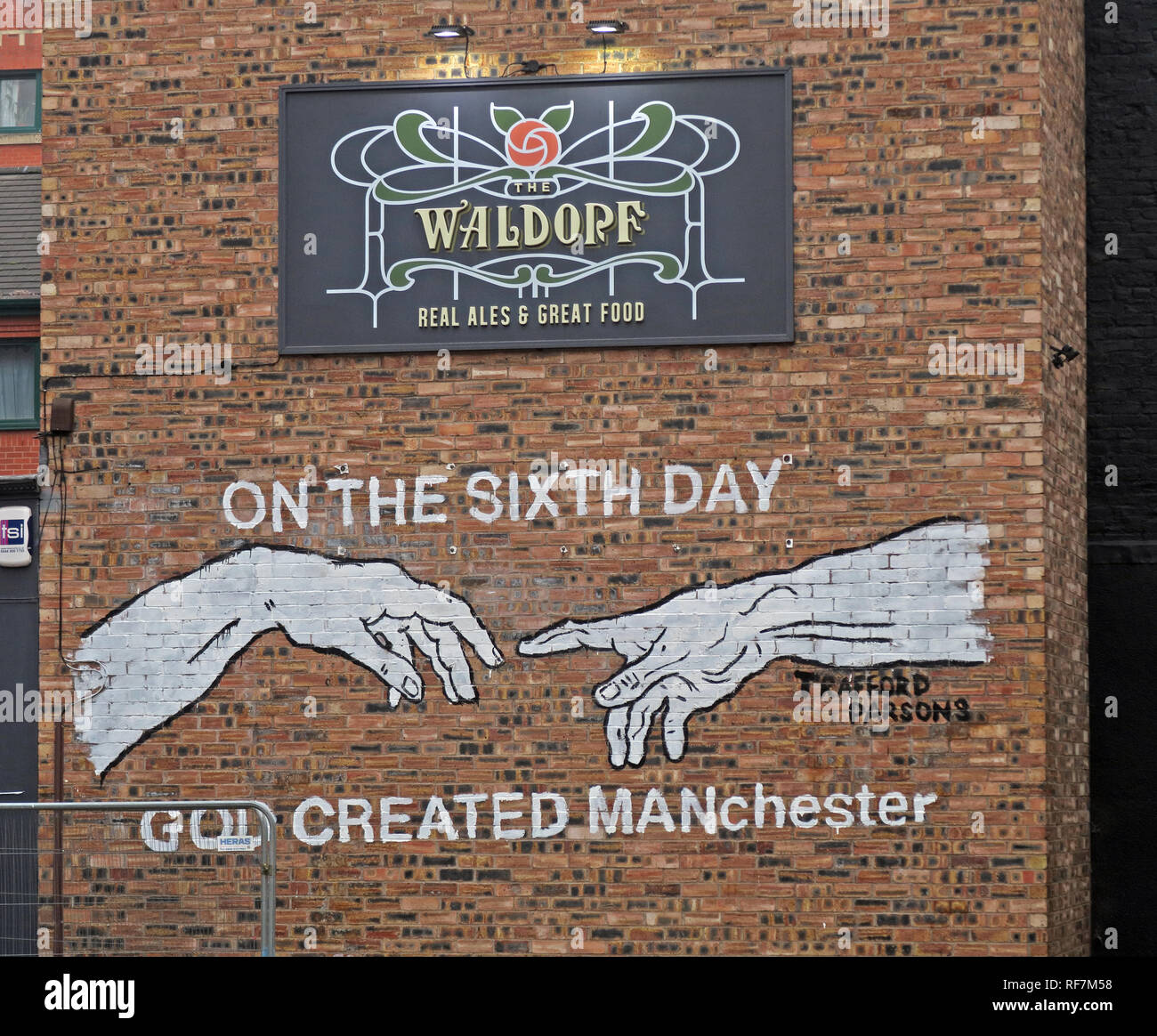 Am 6. Tag schuf Gott Manchester, Gable End, The Waldorf Pub Bar, Gore St, Piccadilly, Northern Quarter, Manchester, Großbritannien, M1 3AQ Stockfoto