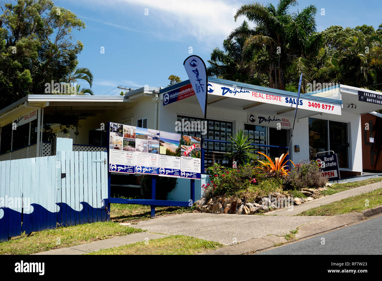 Dolphin Immobilien Büro, Point Lookout, North Stradbroke Island, Queensland, Australien Stockfoto