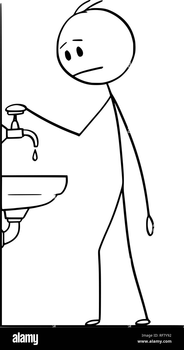 Cartoon der Mann mit der Hand am Wasserhahn oder mit Wasser tropfenden Hahn Stock Vektor