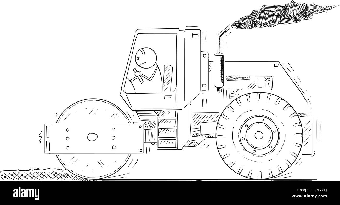 Cartoon der Müde Mann fahren oder Arbeiten mit Straßenwalze Stock Vektor