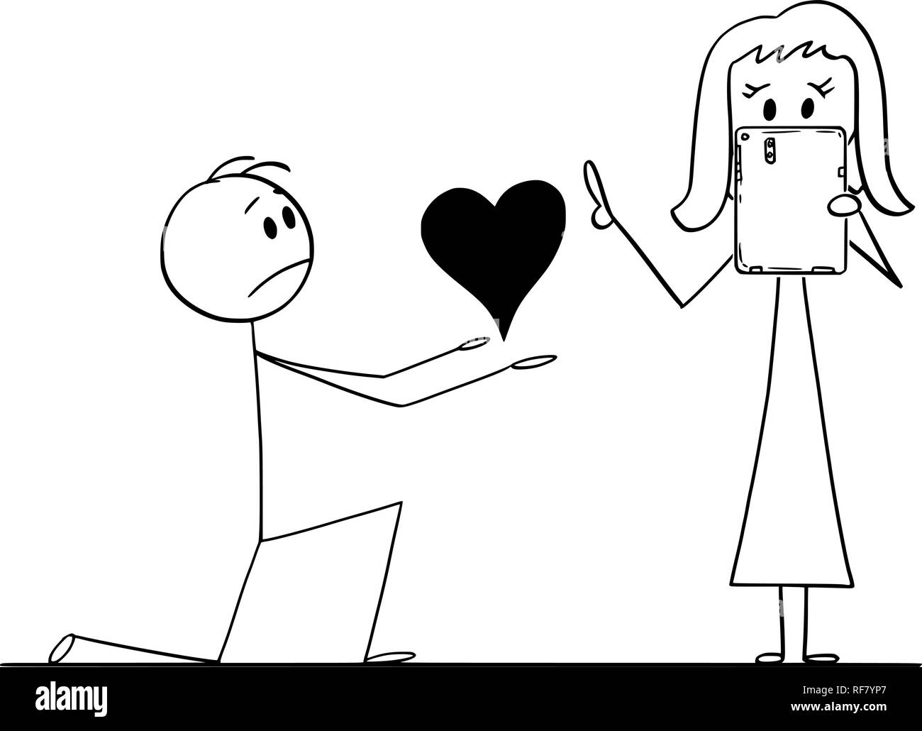 Cartoon von Mann auf Knien die Herzen seiner Frau der Liebe, aber Sie arbeitet an Tablet statt Stock Vektor