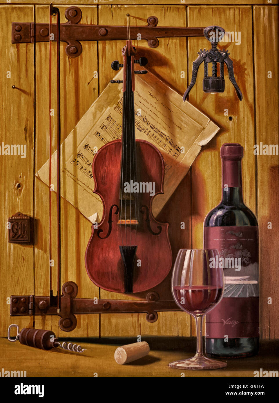 Gemälde von Wein und kostenlose Geräte einschließlich Musikbegleitung für den Genuss des Trinkens Stockfoto