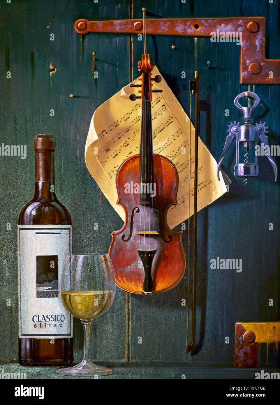 Gemälde von Wein und kostenlose Geräte einschließlich Musikbegleitung für den Genuss des Trinkens Stockfoto