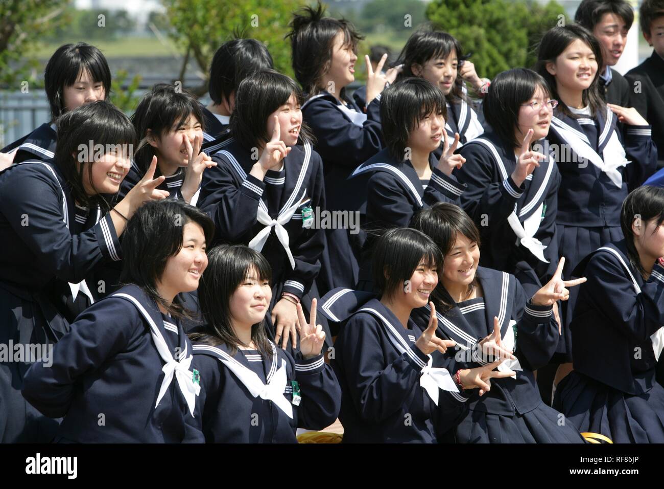 Gruppenfoto, Schulausflug, Odaiba, Tokio, Japan, Asien Stockfoto