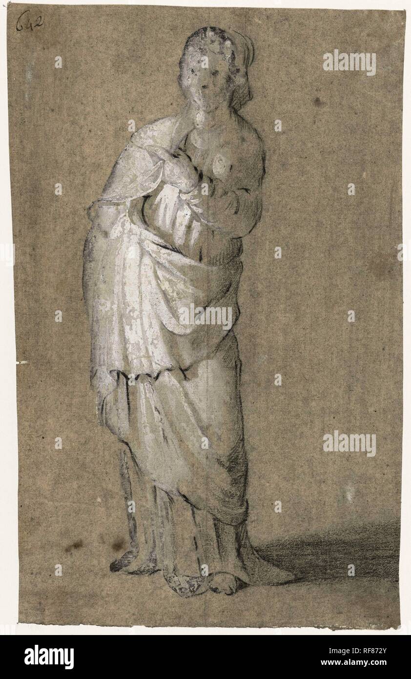 Stehende Frau in Kleid aus alten Zeiten. Artist: anonym. Verfasser der Stellungnahme: Mose Ter Borch (möglicherweise). Dating: C. 1656 - C. 1657. Ort: Zwolle. Maße: H 258 mm x W 165 mm. Museum: Rijksmuseum, Amsterdam. Stockfoto Stehende Frau in Kleid aus alten Zeiten. Artist: anonym. Verfasser der Stellungnahme: Mose Ter Borch (möglicherweise). Dating: C. 1656 - C. 1657. Ort: Zwolle. Maße: H 258 mm x W 165 mm. Museum: Rijksmuseum, Amsterdam. Stockfoto