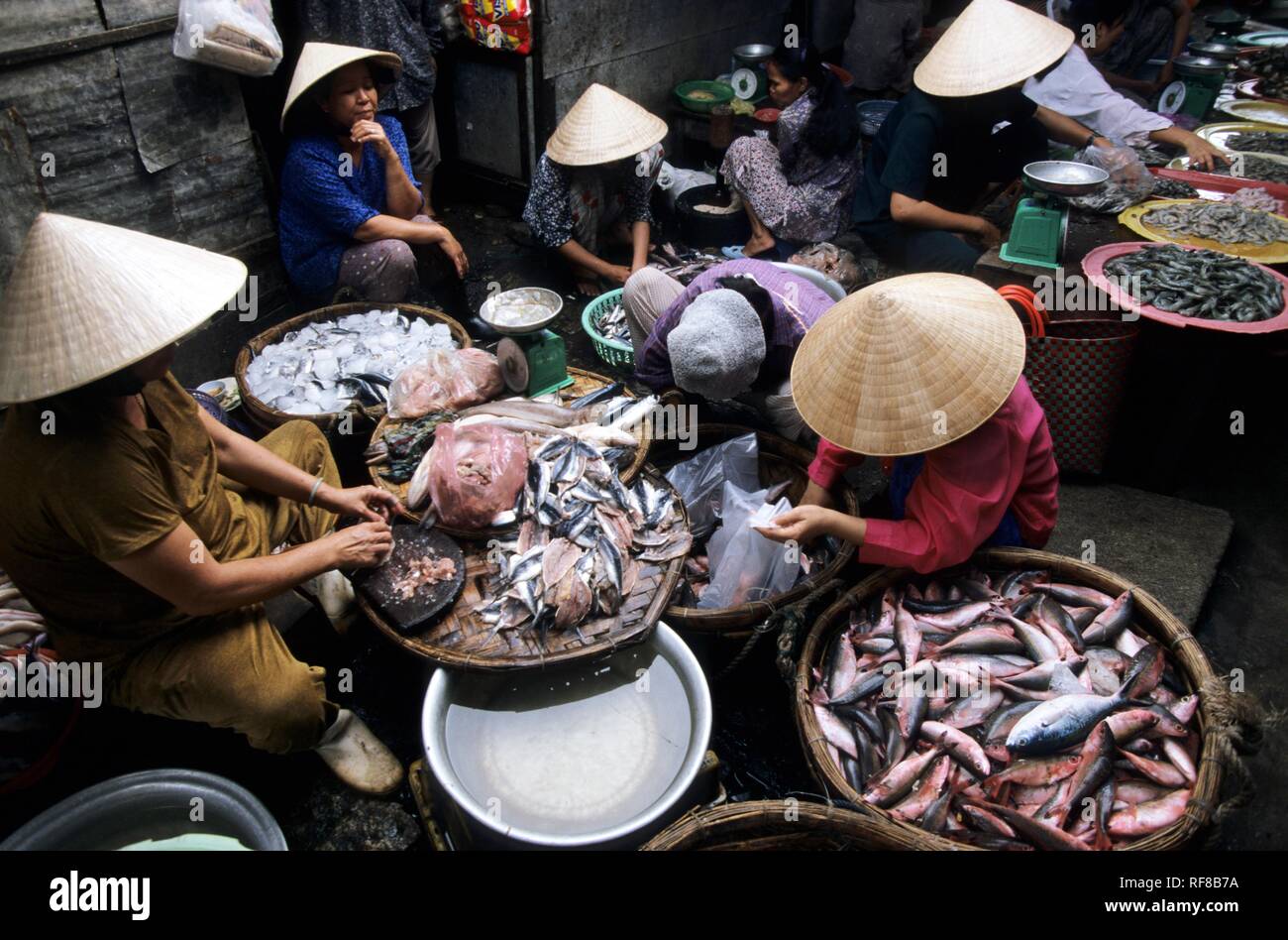 Cho Dam, zentraler Marktplatz Verkauf von Gemüse, Fleisch und Fisch in Nha Trang, Khánh Hòa Provinz, South Central Coast, Vietnam Stockfoto