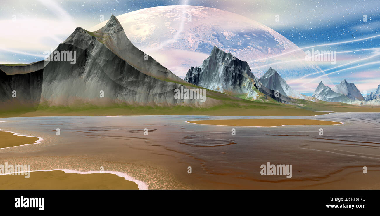 Fantasy fremden Planeten. Berg und Wasser. 3D-Rendering Stockfoto