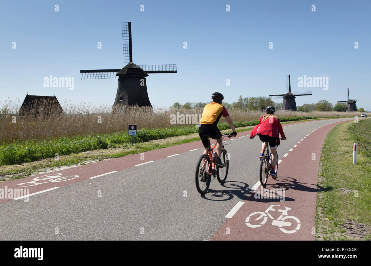 Radfahren in den Niederlanden, zwei Leute auf Mountain Bikes mit drei Windmühlen im Hintergrund. Stockfoto