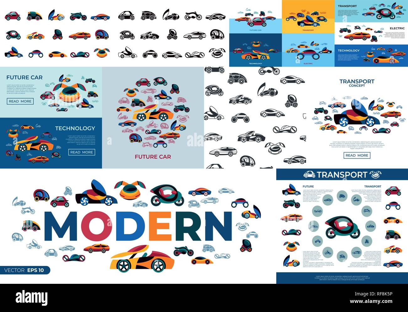 Digitale vektor Future Car Konzept einfache Symbole set collection Flat Style Infografiken Stock Vektor