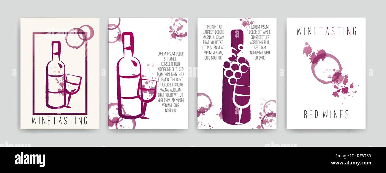 Sammlung von Vorlagen mit Wein Designs. Broschüren, Plakate, Einladungskarten, promotion Banner, Menüs. Wein Flecken. CMYK-Farben. Vektor illustrati Stock Vektor