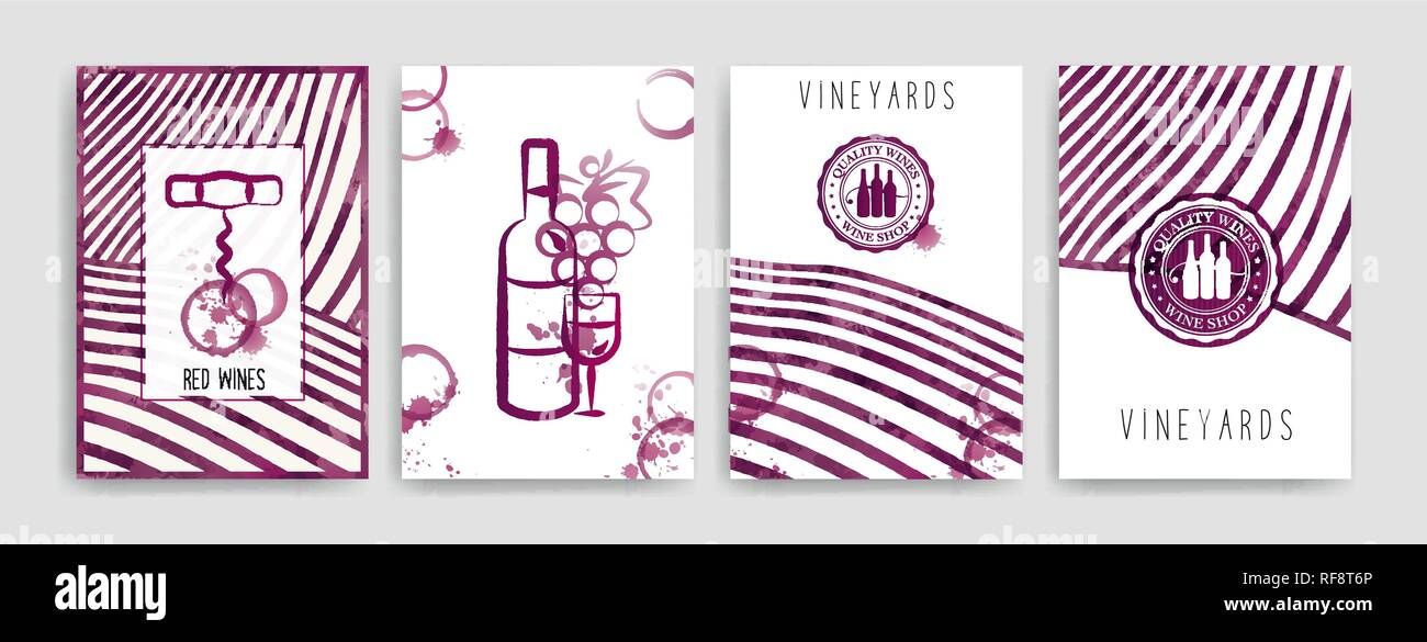 Sammlung von Vorlagen mit Wein Designs. Broschüren, Plakate, Einladungskarten, promotion Banner, Menüs. Wein Flecken Hintergrund. Vector Illustration Stock Vektor Sammlung von Vorlagen mit Wein Designs. Broschüren, Plakate, Einladungskarten, promotion Banner, Menüs. Wein Flecken Hintergrund. Vector Illustration Stock Vektor