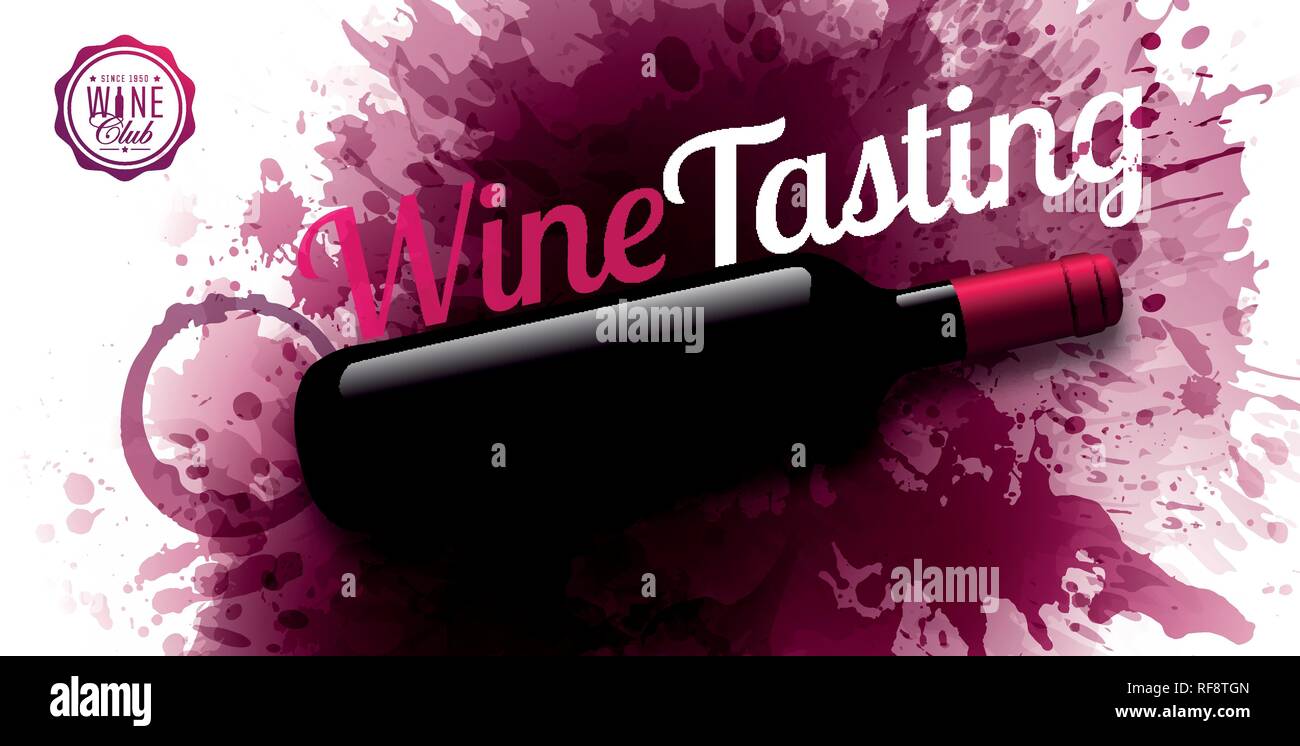 Horizontale Banner mit Wein Flecken Hintergrund. Weinprobe text Beispiel. Wein Flasche Abbildung. Vector Punkte und fällt. Rotwein Farbe Stock Vektor