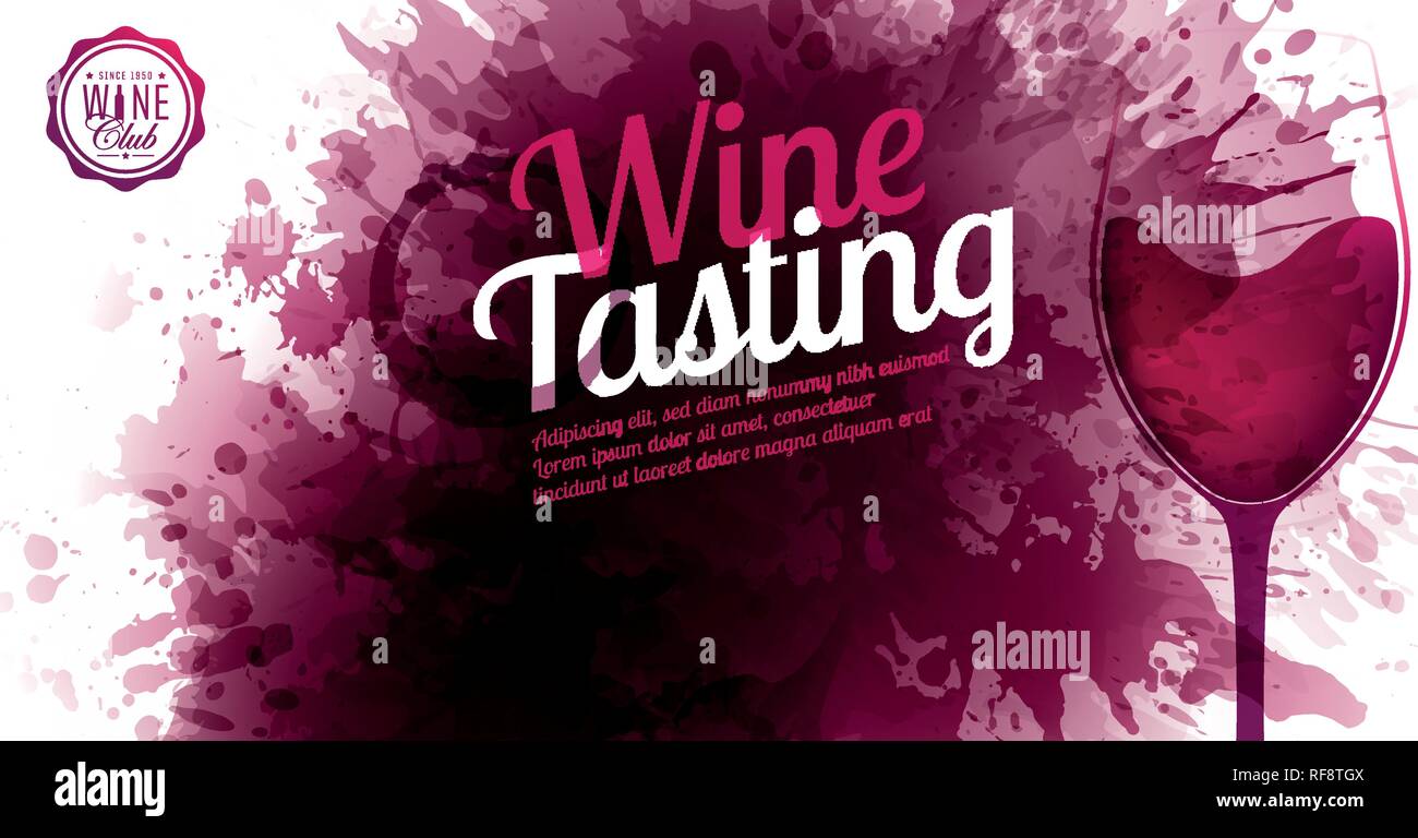 Horizontale Banner mit Wein Flecken Hintergrund. Weinprobe text Beispiel. Wein Glas Abbildung. Vector Punkte und fällt. Rotwein Farbe Stock Vektor