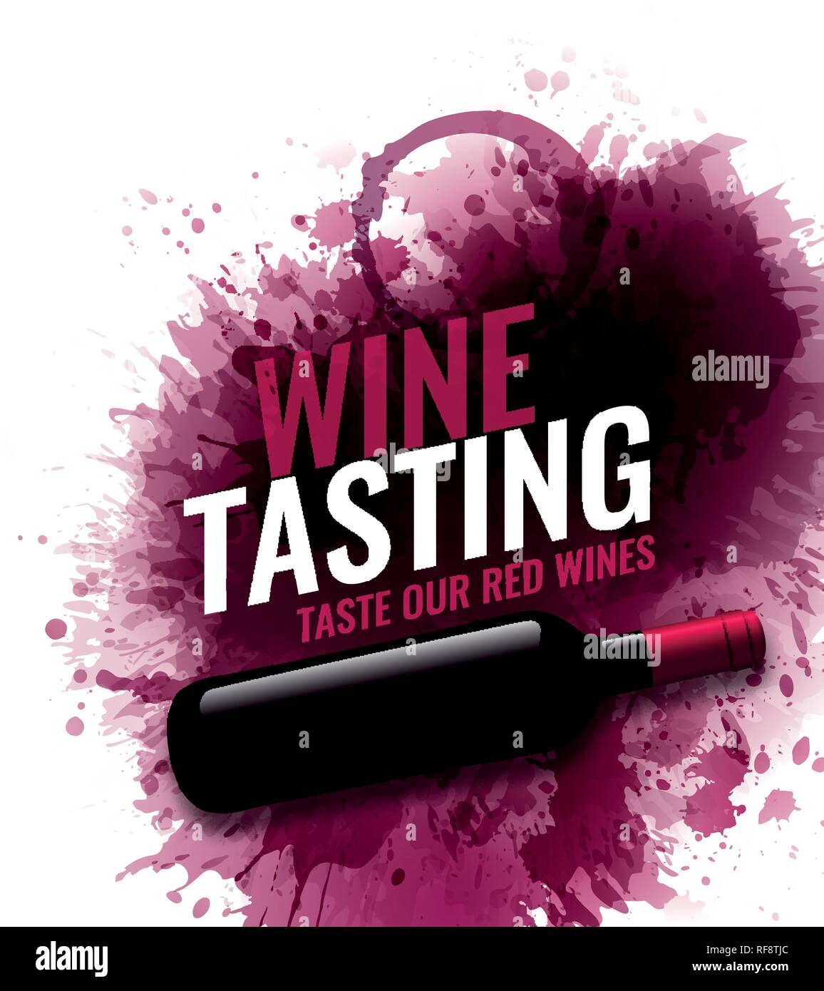 Vertikale Banner mit Wein Flecken Hintergrund. Weinprobe text Beispiel. Wein Flasche Abbildung. Vector Punkte und fällt. Rotwein Farbe Stock Vektor