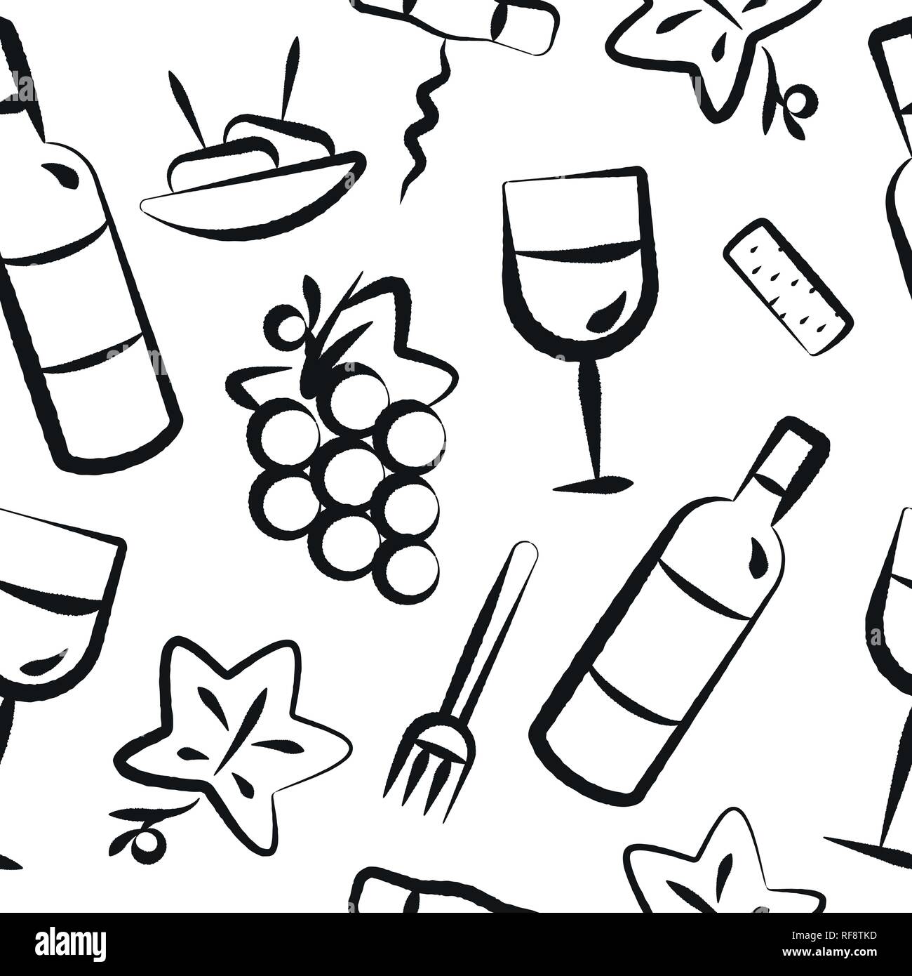 Hintergrund nahtlose Muster mit Wein und Vorspeisen essen Symbole. Die Symbole mit der Pinselstriche. Schwarze Farbe. Vector Illustration. Stock Vektor